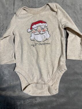 Old Navy Beige Long-Sleeve Baby One-Piece with Santa Graphic